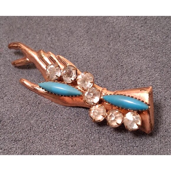 Jewelry - Vintage Hand Brooch Turquoise Glass Rose Gold